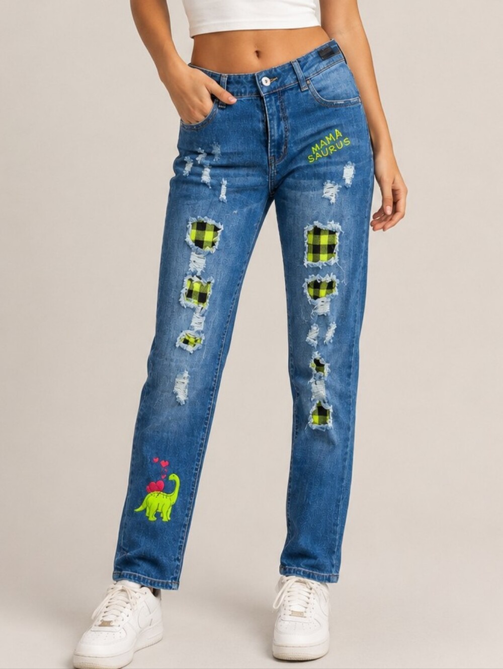 Mamasaurus Neon Green Distressed Plaid Patch Skinny Jeans Women Medium Neon Punk